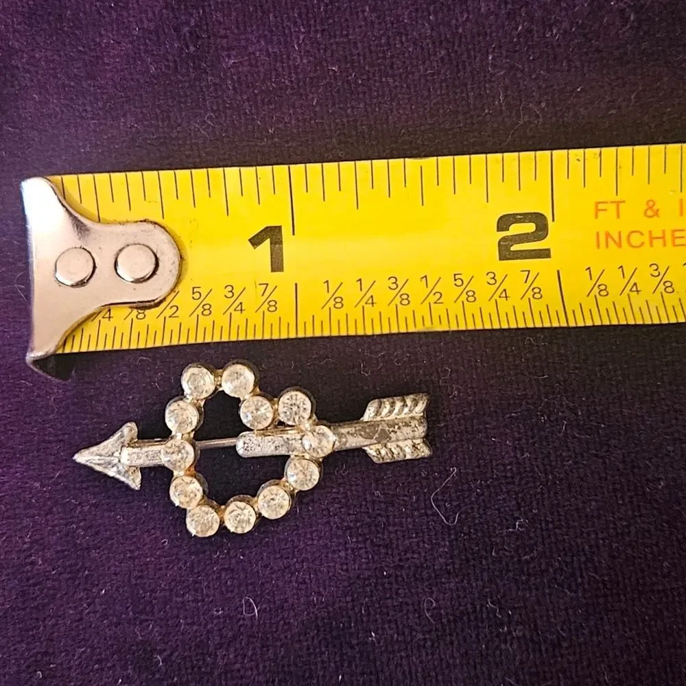 Vintage Silver Heart Arrow Brooch with Rhinestones. Great Valentine gift!